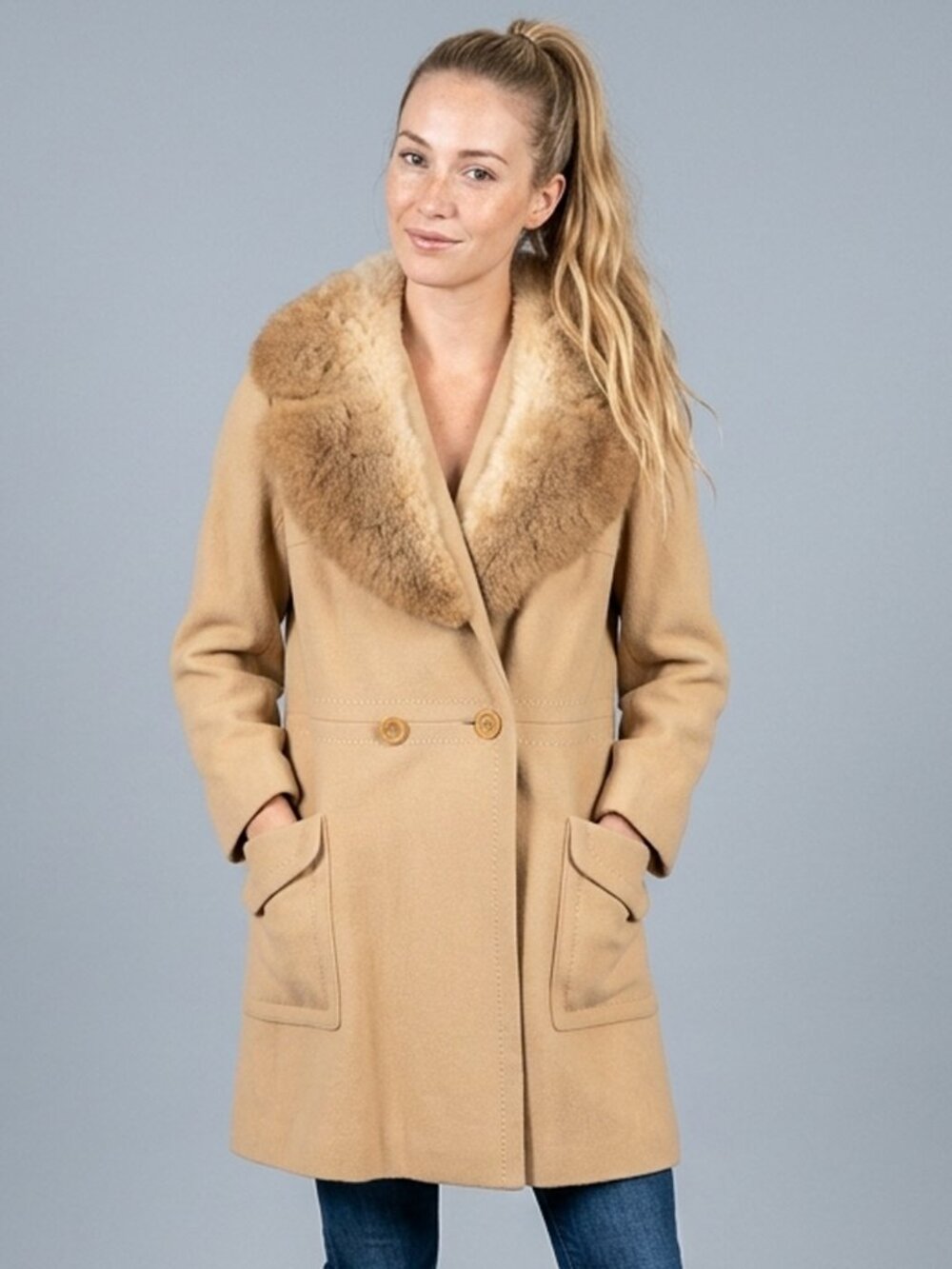 Vtg 60s Montgomery Ward Beige Wool Coat Real Shearling Fur Collar Boxy Jacket M